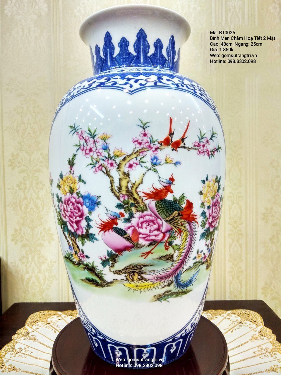 Bình Men Chàm họa tiết 2 mặt: Phượng Hoàng Hoa Mẫu Đơn - Sơn Thủy-